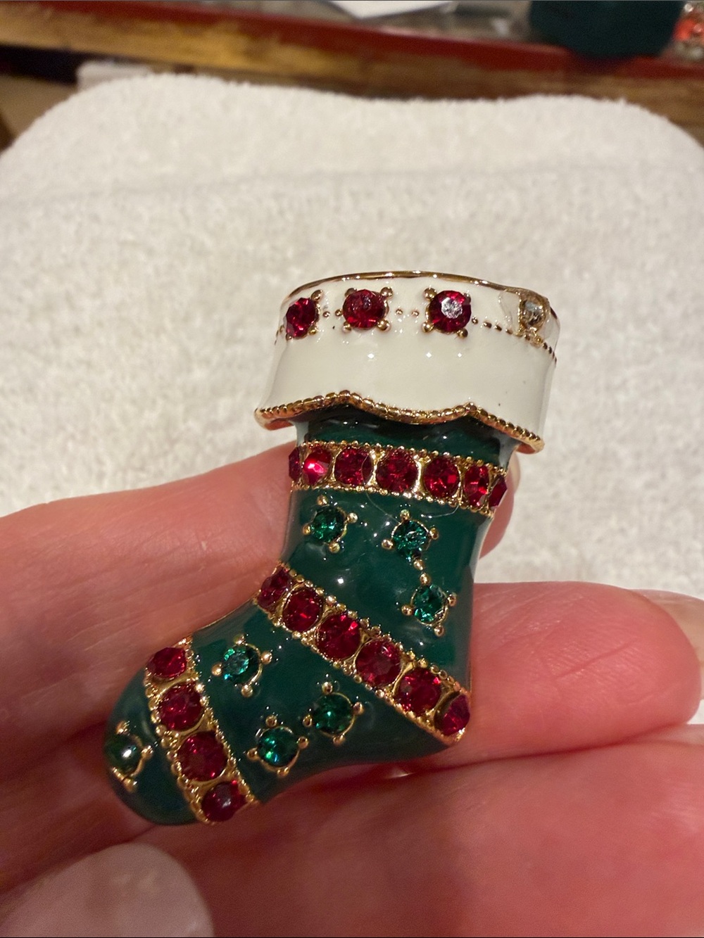 Talbots Green and White Crystal Holiday Stocking Brooch